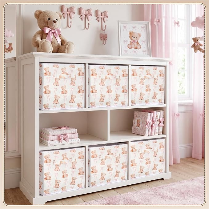 6 Pcs Pink Bow Teddy Bear Cube Storage Bins 11 Inch Storage Basket with Handle, Preppy Girls Organizer Basket, Collapsible Fabric Box for Classroom Bedrooms Office Home Decoration Gift - Image 6
