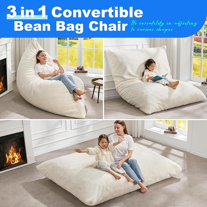 Hobestluk Adult Bean Bag Chair 3 in 1 Convertible Large Bean Bag Sofa | Plush White,Machine Washable,Removable Cover,Easy Convert And Install,Floor Bed,For Livingroom Bedroom - Image 4