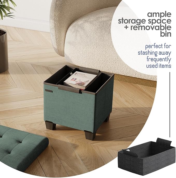Storage Ottoman Cube with Small Bin, 15-in Square Ottoman with Storage for Living Room and Bedroom, Small Ottomans Foot Rest, Fabric Foot Stools Ottomans Max 330lbs, Green - Image 4