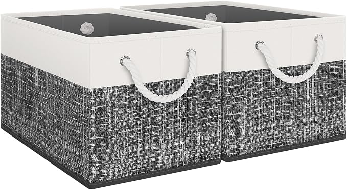 Storage Bins 2-Pack, Foldable Storage Baskets for Organizing Toys, Books, Shelves, Closet, Large Storage Box with Rope Handles, Sturdy Organizer Bins, White & Black by Fabtotes