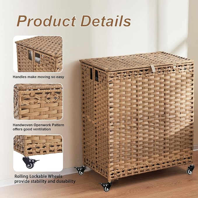 Laundry Hamper with Wheels&Lid, 50.2 Gallons(190L) Rolling Laundry Basket with Wheels, 3-Section Laundry Hamper, Handwoven Rattan Clothes Hamper with 6 Removable Liner& 3 Mesh Laundry Bags, Natural - Image 7