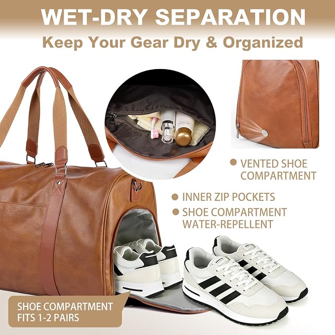 Large 3-in-1 Leather Duffle Bag for Travel Weekender Overnight Hospital Gym Bag for Men & Women, Carry On Airline Approved Personal Item Duffel Garment Bag Luggage with Shoe Compartment & Toiletry Bag - Image 4
