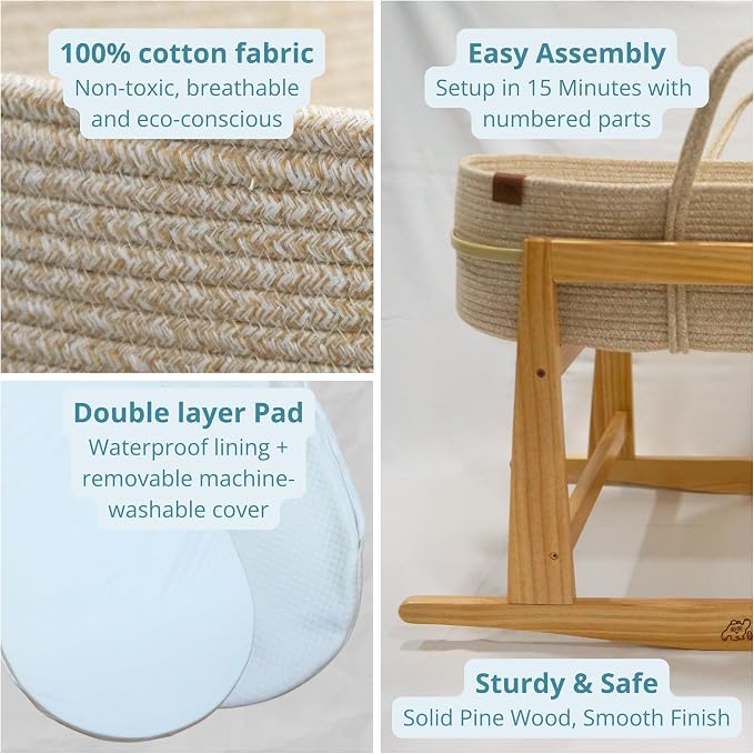 Milo & Nook Baby Changing Basket with Pad & Moses Basket Stand – Soft Cotton Nursery Basket, Waterproof Pad & Removable Washable Cover, Complete Changing Station for Newborn - Image 5