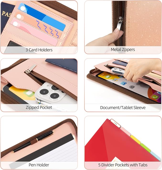 Ospelelf Clipboard with Storage, 3 Ring Binder with Zipper, Leather Padfolio Portfolio Folder, Calculator, 12.1” Tablet Sleeve, 5 Dividers with Pocket|Refillable Notepad, Card Slot (Rose Gold) - Image 4
