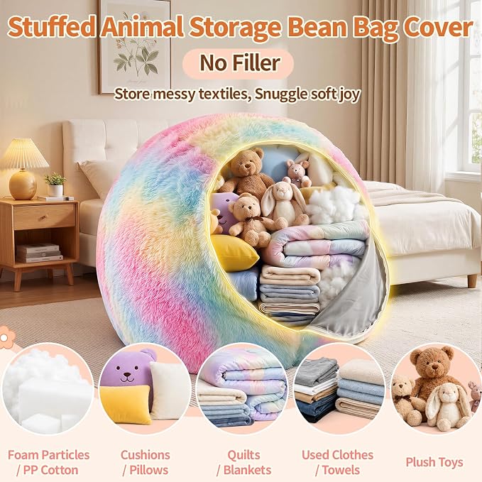 Stuffed Animal Storage Bean Bag Chair Cover, Soft Bean Bag Cover | Fluffy Faux Fur Stuffed Animal Storage Chair, Non-Slip Bottom, Fill with Plush Toys or Blankets, for Kids Teens Adults Girls - Image 3