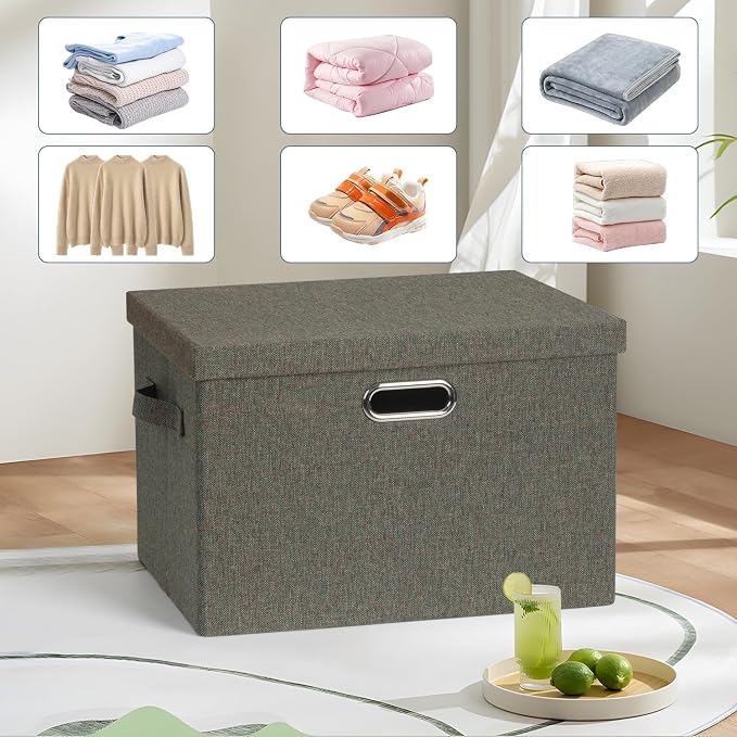 Storage Bins with Lids Fabric Closet Organizers Cubes Office Organization | 36 Quart 3 Pack Dark Green Collapsible Stackable Linen Fabric 4 Handles Bedroom Closet Cabinet Under Bed Clothes Toy Office - Image 6