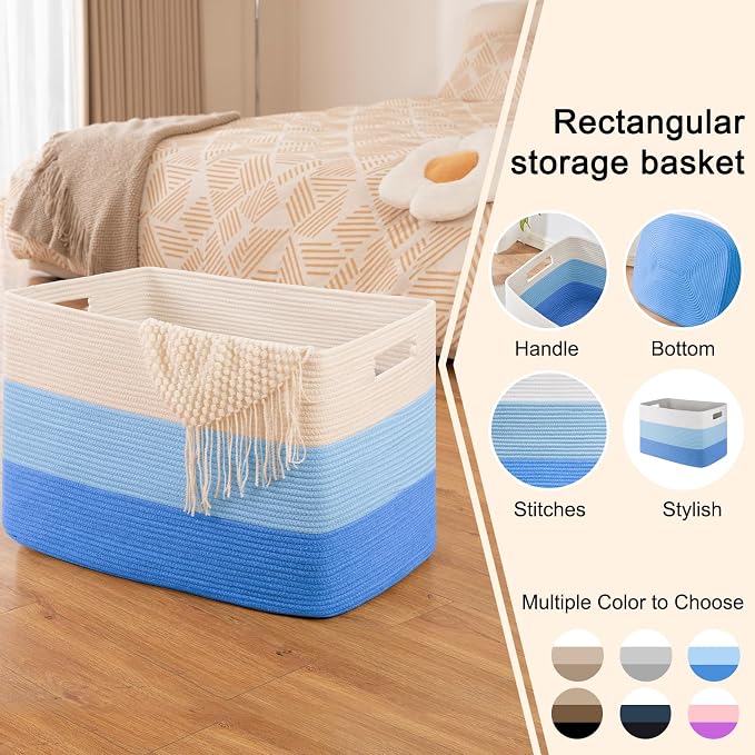 OIAHOMY 108L Extra Large Blanket Basket Dog Toy Basket Gradient Light Blue | Rectangle Woven Baskets for Storage Cotton Rope Basket For Living Room Toy Storage Blanket Storage Laundry Basket - Image 3