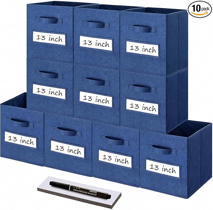 Storage Bins,13" Cube Storage Bin with Labels,10pcs,Navy Blue | Fabric Storage Cubes for Shelves,13 Inch storage cube bins with 10 Labels Window Cards & a Pen. by Anyoneer