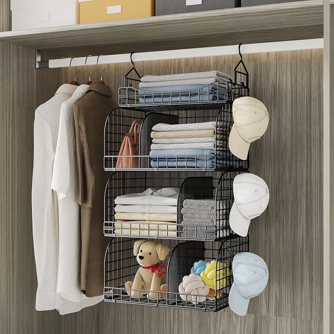 HapiRm Hanging Closet Organizer Storage - 4 Tier Metal Stackable Hanging Closet Shelves with Dividers and S Hooks, Foldable Clothes Shelves for Clothes, Pants, Shoes, Coat, Hats Clutches Accessories - Image 4