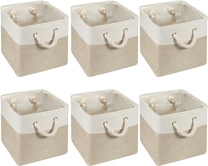 6 Pcs 11x11 Inch Fabric Cube Storage Bins Square Cube Baskets, Light Brown | Foldable Fabric Organizer with Sturdy Rope Handles, Home Closet Bin, Durable Cube Baskets Bulk for Home Storage by Geiserailie