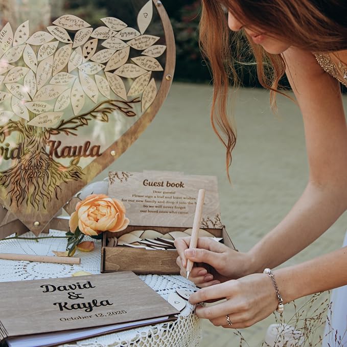 Tree Leaves Guest Book - Rustic Wooden Wedding Guest Book Alternative – Personalized Heart Drop Box with Tree Design for Reception, Baby Shower & Engagement Party Decor - Tree Guest Book for Wedding - Image 2