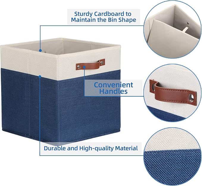 Temary Fabric Storage Bins for Cube Organizer 4 Pack Cube Storage Bins 13 Storage Cubes for Shelves Storage Baskets for Organizing Books, Clothes, Towels (White & Blue, 13x13x13 Inch) - Image 3