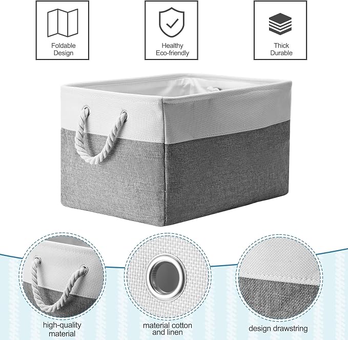 FoldTier 10 Pack Large Collapsible Fabric Storage Baskets with Handles Decorative Storage Bins for Organizing Shelves Toys Clothes(White & Gray,16 x 12 x 10 Inches) - Image 4