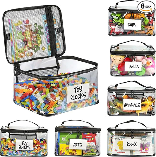 6-Pack Extra Large Toy Storage Bags with Zippers & Labels, Reusable Clear TPU Waterproof Organizer for Kids Toys, Building Blocks, Puzzles, Dolls, Board Games - Durable, BPA-Free, Travel-Friendly by Unknown