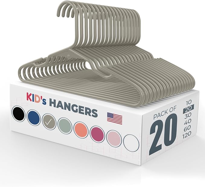 Plastic 12” Kids Hangers 20 Pack – Made in The USA – 5lb Capacity Baby & Toddler Clothes Hangers with Notches & Reinforced Edges – Fits Children’s Sizes Up to 8 – Gray by NeatiesHangers