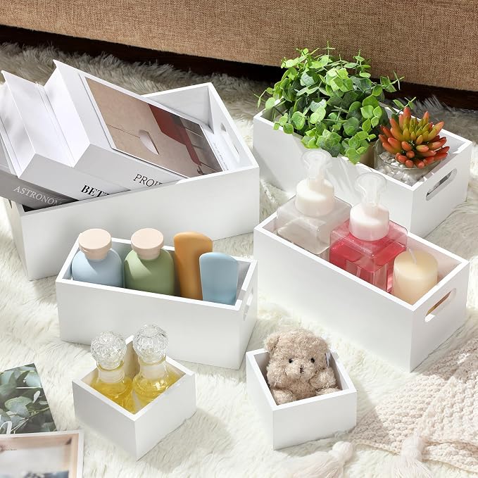 Set of 6 Wood Storage Boxes with Handles Wooden Nesting Crates Rustic Farmhouse Storage Container for DIY Crafts Party Home Table Decoration Display(White) - Image 2