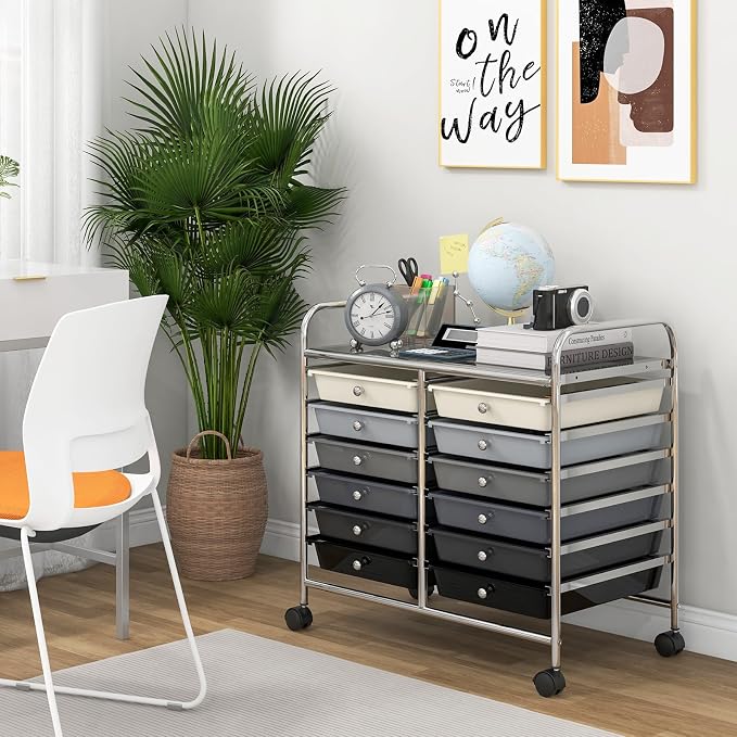 Giantex 12 Drawers Rolling Cart, Mobile Storage Drawer Cart, Classroom Organizer Cart for Office School Supplies Tools Scrapbook Paper Craft Small Printer, Utility Cart on Wheels, Black Gradient - Image 4