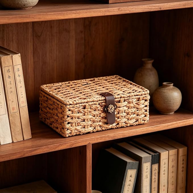 Water Hyacinth Wicker Storage Box with Lid （Large） | Hand woven decorative storage basket for shelf coffee table console home decor - Image 6