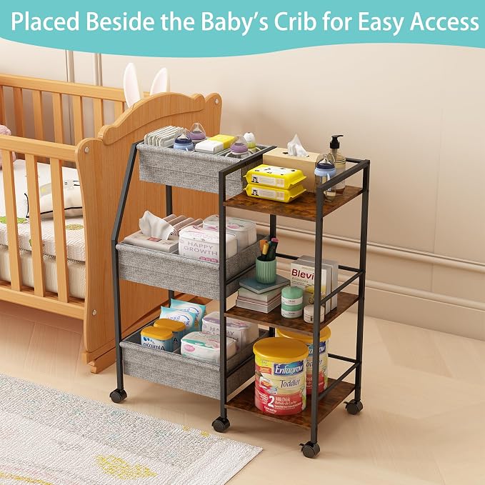 Rolling Nursery Diaper Caddy Organizer Cart, 3-Tier with Dividers - Image 2