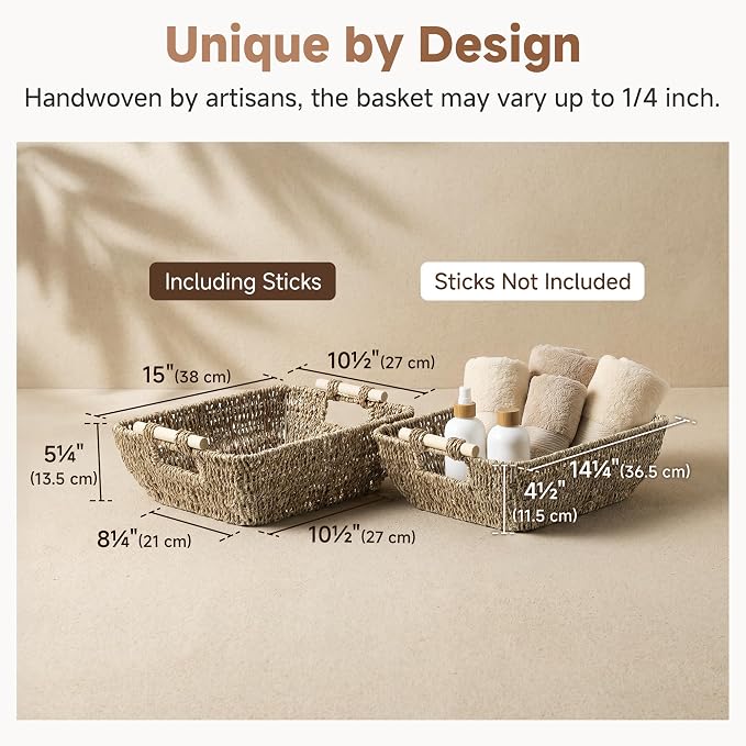 StorageWorks Seagrass Storage Baskets, Large Snack Baskets for Shelves | Wicker Storage Baskets for Shelves, Baskets with Wooden Handles, 2-Pack Gifts Basket for Home Decor, Hand-Woven Basket - Image 3