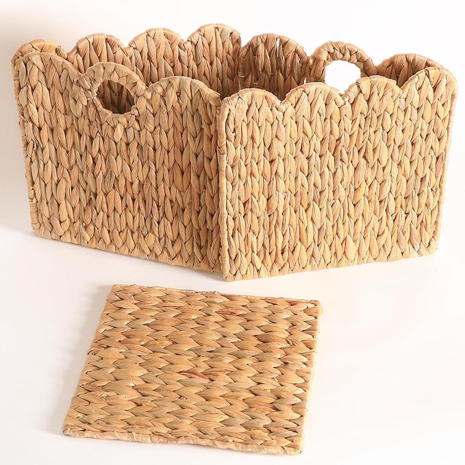 Scalloped Wicker Storage Cubes Basket, 12”x12“ Heavy Duty Paper rope/Hyacinth/Seagrass Baskets for Shelves, Foldable Natural Boho Square Bins (Water Hyacinth&10.5 x 10.5 x 10.5in&4-Pack) - Image 7