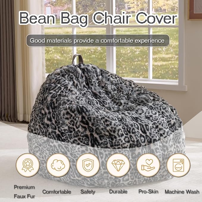 Fluffy Faux Rabbit Fur Bean Bag Chair Cover(No Filler),Cozy Shaggy Bubble Stuffed Animal Storage Large Bean Bag Cover for Bedroom Living Room,Fuzzy Bean Bag Cover Girls Teens Adult,Snow Leopard - Image 2