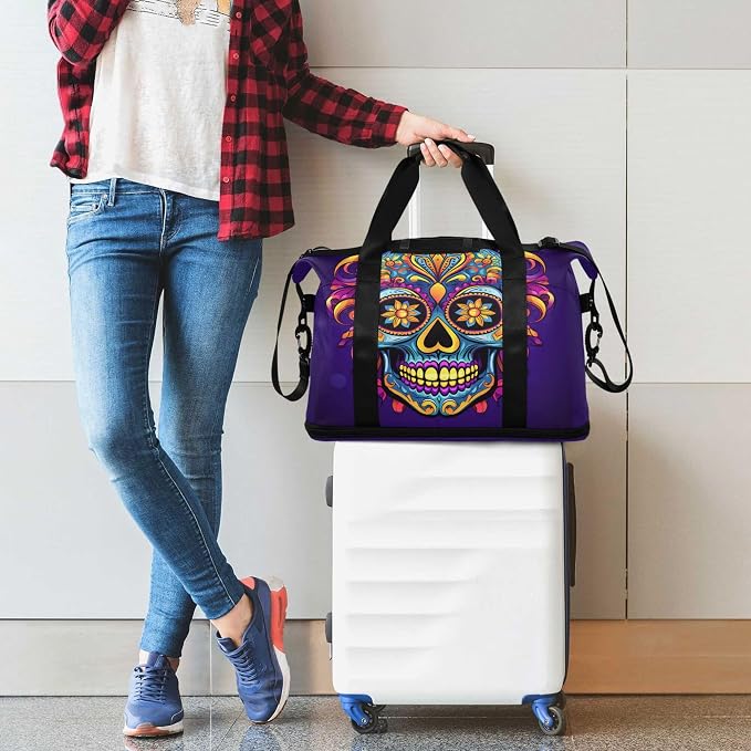 Travel Duffel Tote Bag Gothic Skull Sports Duffel Bag with Wet Pocket Weekender Overnight Bag for Women Men Gym Bag, Carry On Bag Hospital Bag for Labor and Delivery - Image 3