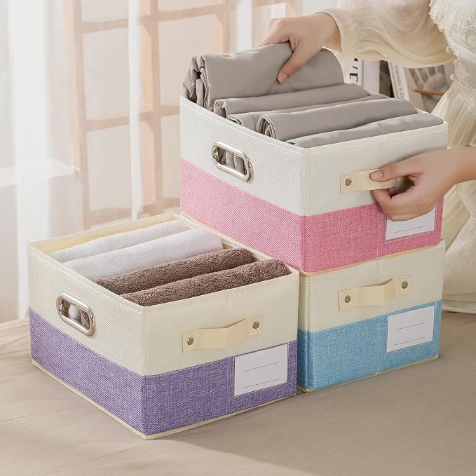 Fodable Storage Bins for Closet [3-pack] Decorative Fabric Storage Baskets Cubes with Leather/Metal Handles for Shelves Bedroom Living Room Blue&Cream (11.5x8.5x6.7 Inch) - Image 7