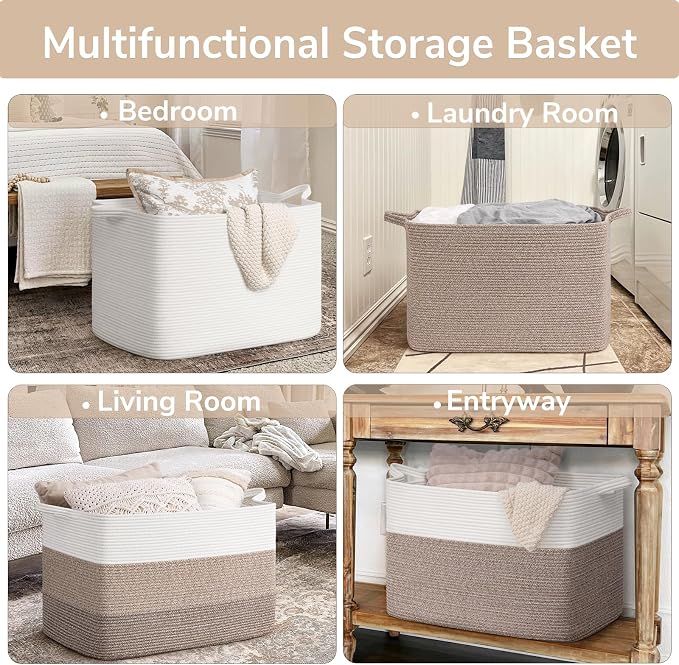 Goodpick 105L Extra Large Woven Rope Blanket Basket, Rectangle, Light Brown | 25'' x 16'' x 16'' Storage Basket for Blankets, Pillows, Toys & Clothes, Living Room, Bedroom & Nursery Organization - Image 4