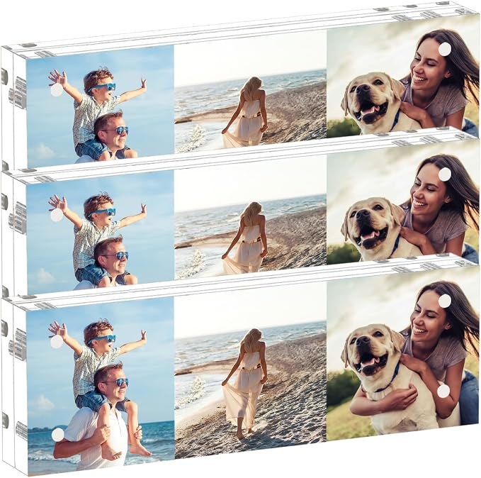 ILYXY 3 Pack Acrylic Frame 2x6, 20% Thicker, 20mm Thick Frameless Clear Picture Frame, Double Sided Magnetic Photo Frame, Free Standing Desktop Display Stand Acrylic Picture Frames by ILYXY