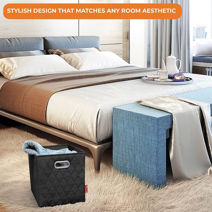 Small 11-inch Black Foldable Diamond Patterned Faux Leather Storage Cube Bins Set of Four with Handles with Dual Handles for living room, bedroom and office storage - Image 7