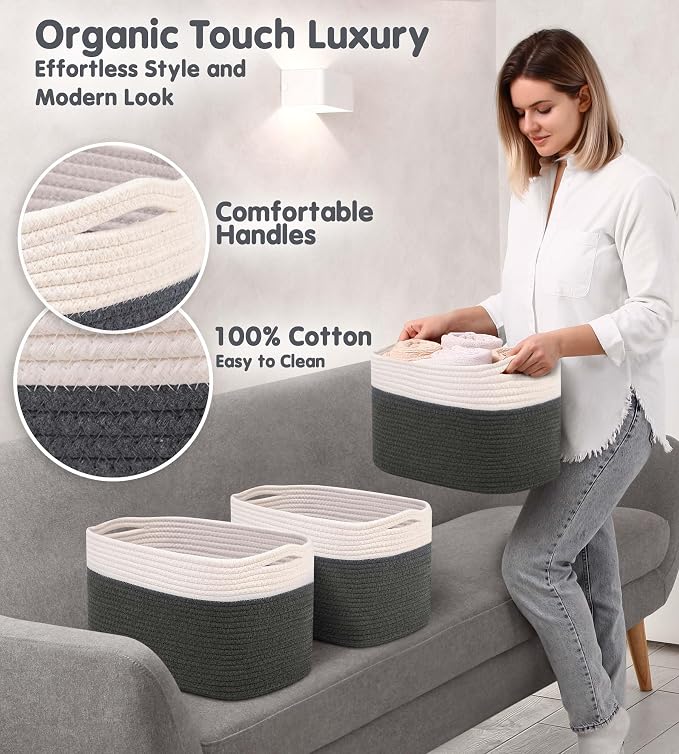 CHAT BLANC Cotton Rope Baskets for Organizing, Shelves, Toys, Storage, Shoe, Bathroom, Laundry, Towel, Nursery, Home Decor, Blanket, Cloth Woven Bins Fabric (Creamy White & Graphite, 15"x10"x9") - Image 3