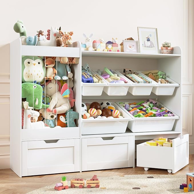 Kids Toy Storage, 50.6" W x 41.3" H Large Toy Organizers and Storage Cabinet with 6 Plastic Bins, 3 Rolling Drawers, Stuffed Animal Zoo, Wooden Organization Shelf for Playroom, Nursery(White) by VortinT