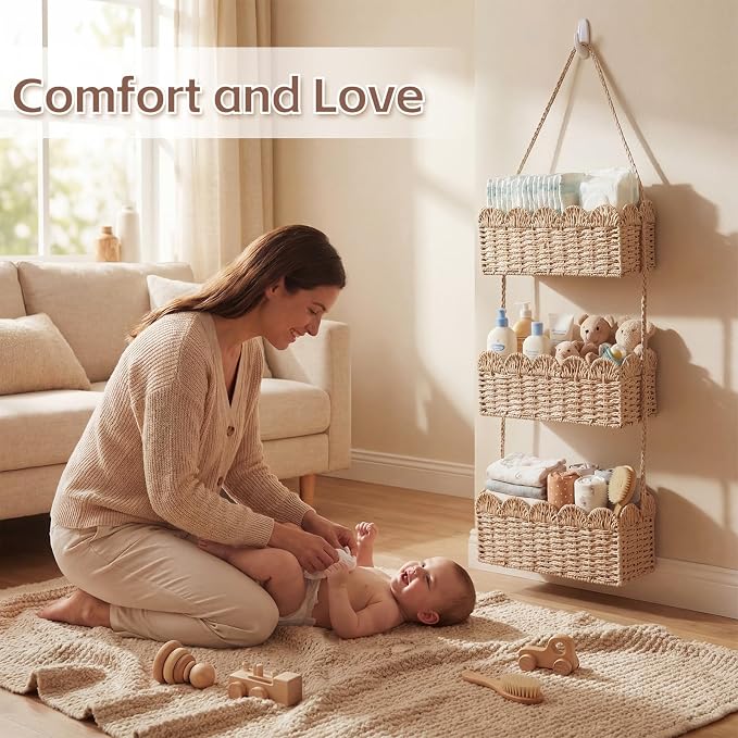 Qunclay Over The Door Hanging Basket 3-tier Decorative Hanging Nursery Baskets Large Baby Diaper Caddy Wall Mounted Woven Organizer for Home Bedroom Living Room Baby Shower Gifts - Image 5