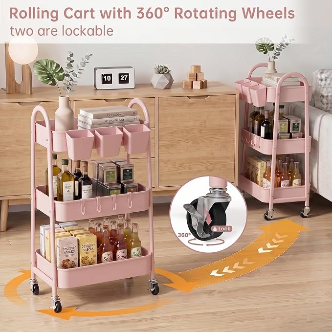 danpinera 3-Tier Rolling Cart, Utility Cart Mobile Metal Rolling Storage Cart with Lockable Wheels & Hanging Cups & Hooks for Kitchen, Bathroom, Office, Workshop, Pink - Image 4