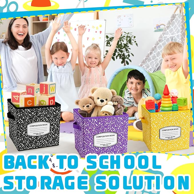 Demonwer 6 Pcs 11 Inch Fabric Storage Bins Color Composition Cubby Basket Bins with Handles Notebook Storage Containers for Back to School Decorations Office Home Organizer Supplies - Image 6