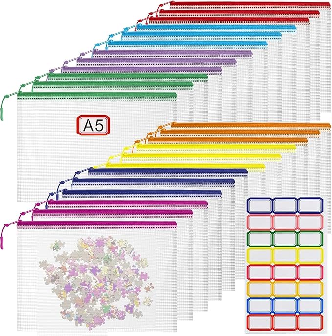 24pcs Mesh Zipper Pouch File Bags Puzzle Storage Bags, A5 Size 9.4 x 6.9 Inches Large Reusable Zipper Pouches for Organizing Classroom Board Game Organization by YOPCDJ