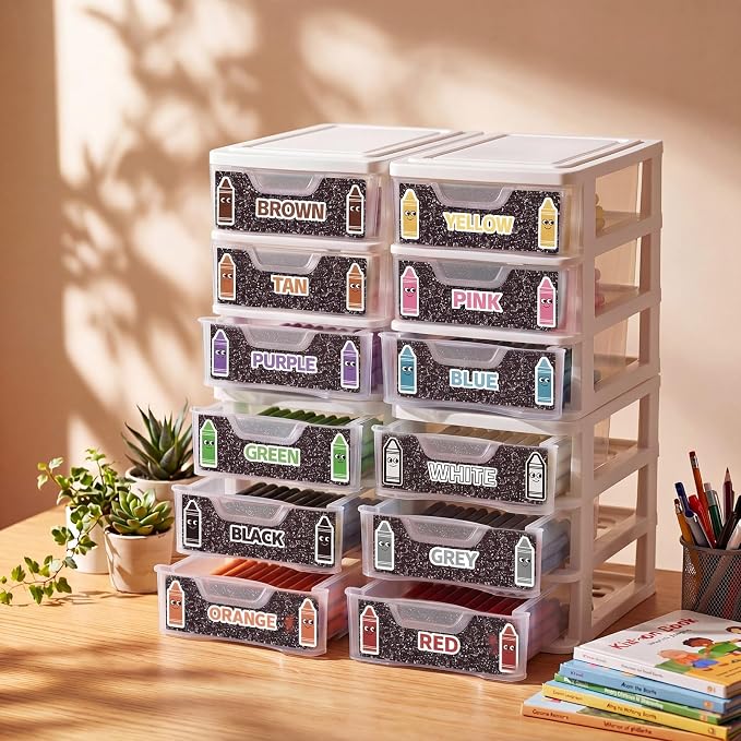 12 Pcs/ 4 Pack Plastic Crayon Organizer for Classroom Back to School | Clear Crayon Storage Boxes for Marker Pen Art Craft Supplies Crayons Holder Drawer for Classroom Office Table with Labels - Image 6