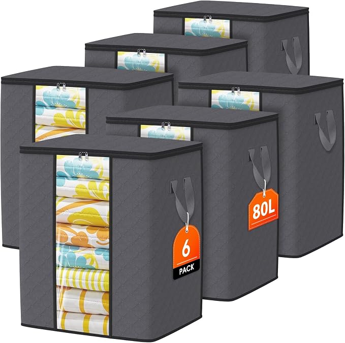 6 Pack Clothes Storage Bags 80L Blanket Storage Containers with Window Grey | Large Comforter Organizer for Closet, Bedding, Quilts, Sheets and Pillows, Foldable Storage Bags for Home Organization by Unknown