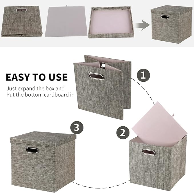 Posprica Storage Bins with Lids,13×13×13 Foldable Storage Cube Baskets Boxes Fabric Drawers for Closet Shelf Cabinet Bookcase,Set of 4,Coffee - Image 5