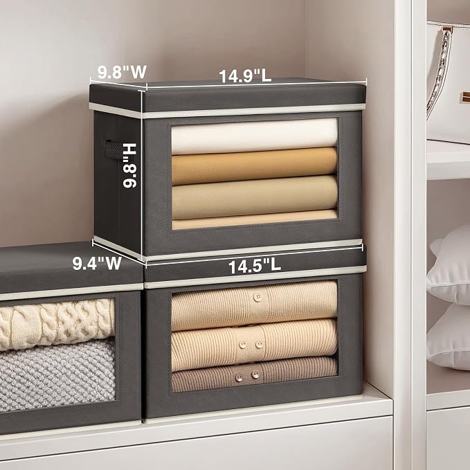 Storage Bins with Lids - Fabric Storage Boxe with Window, Collapsible Closet Organizers with Handles, 9 Pack Decorative Bin, Home Cubes Baskets for Clothes, Hat, Books, Dark Grey - Image 2