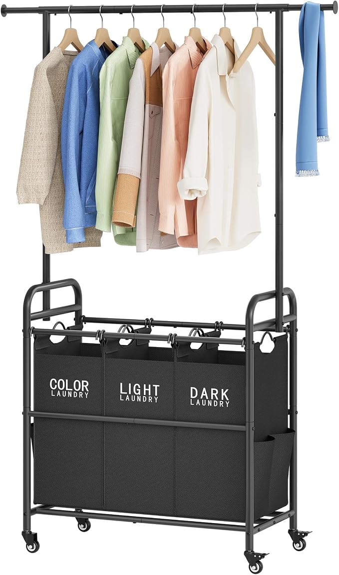Laundry Sorter with Hanging Bar, 3 Section Laundry Hamper, Black | 39 Gal Laundry Sorter with Hanging Rod and Removable Bags, Divided Laundry Basket Organizer for Bedroom, Bathroom, Home by Tajsoon