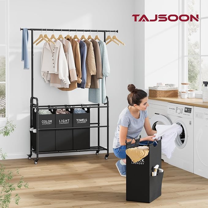 Laundry Sorter with Hanging Bar, 4 Section Laundry Hamper, Black | 52 Gal Laundry Cart with Hanging Rack and Removable Bags, Rolling Laundry Hamper Cart for Laundry Room, Bathroom, Bedroom - Image 2