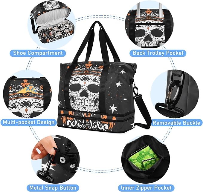 Travel Duffel Tote Bag Skull Star King Sports Duffel Bag with Wet Pocket Weekender Overnight Bag for Women Men Gym Bag, Carry On Bag Hospital Bag for Labor and Delivery - Image 2