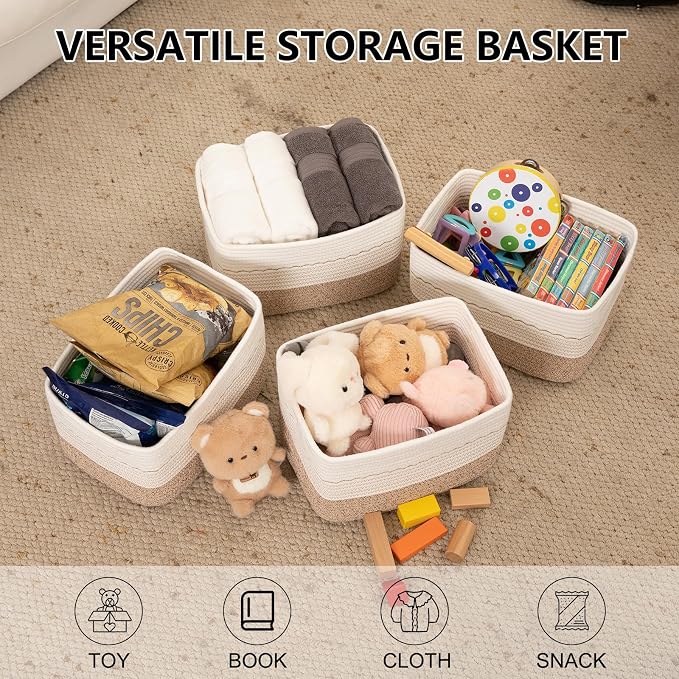 OIASKET 4 Pack Storage Baskets for Organizing, 13"X9"X7.87", Decorative Cotton Rope Baskets for Shelves, Small Woven Basket for Toys, Books and Towels, Brown & White - Image 2