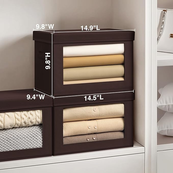 Stackable Storage Bins with Lids - Medium Storage Box with Lids, Foldable Closet Boxes for Organizing, Wardrobe Clothes Organizer with Window, Cubes Bins for Living Room, 5 Pack, Brown - Image 3