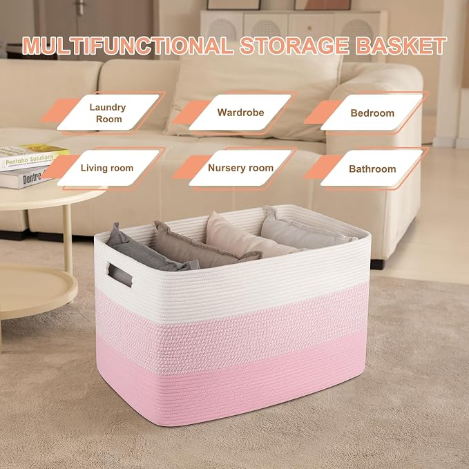 OIAHOMY 108L Extra Large Blanket Basket Dog Toy Basket Pink&White | Rectangle Woven Baskets for Storage Cotton Rope Basket For Living Room Toy Storage Blanket Storage Laundry Basket - Image 4