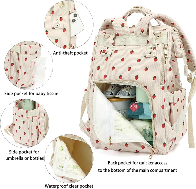 Corduroy Diaper Bag Backpack for Baby Girls Boys, Women Large Nappy Bags for Mom (Beige Corduroy Strawberry) - Image 4