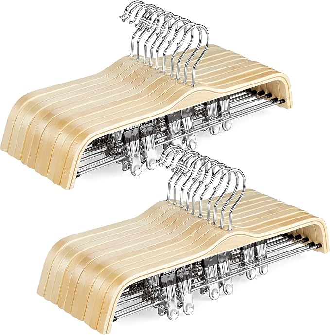 TOPIA HANGER Wooden Pants Hangers,Slim Natural Wood Skirt Hangers with Anti-Rust Hook and Adjustable Metal Clips, Perfect for Skirts, Pants, Slacks-20 Pack-CT17N20 by TOPIAHANGER