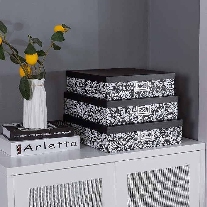 Soul & Lane - Black and White Floral Storage Boxes with Lids, Set of 3 | Decorative Cardboard Paper Box Set for Documents, Photos, Memories and Keepsakes, Large Pretty Nesting Letter Organizers - Image 3